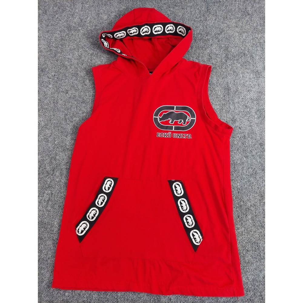 Ecko Unltd Hoodie Shirt Mens Small Red Sleeveless Hooded Pullover Streetwear Y2K